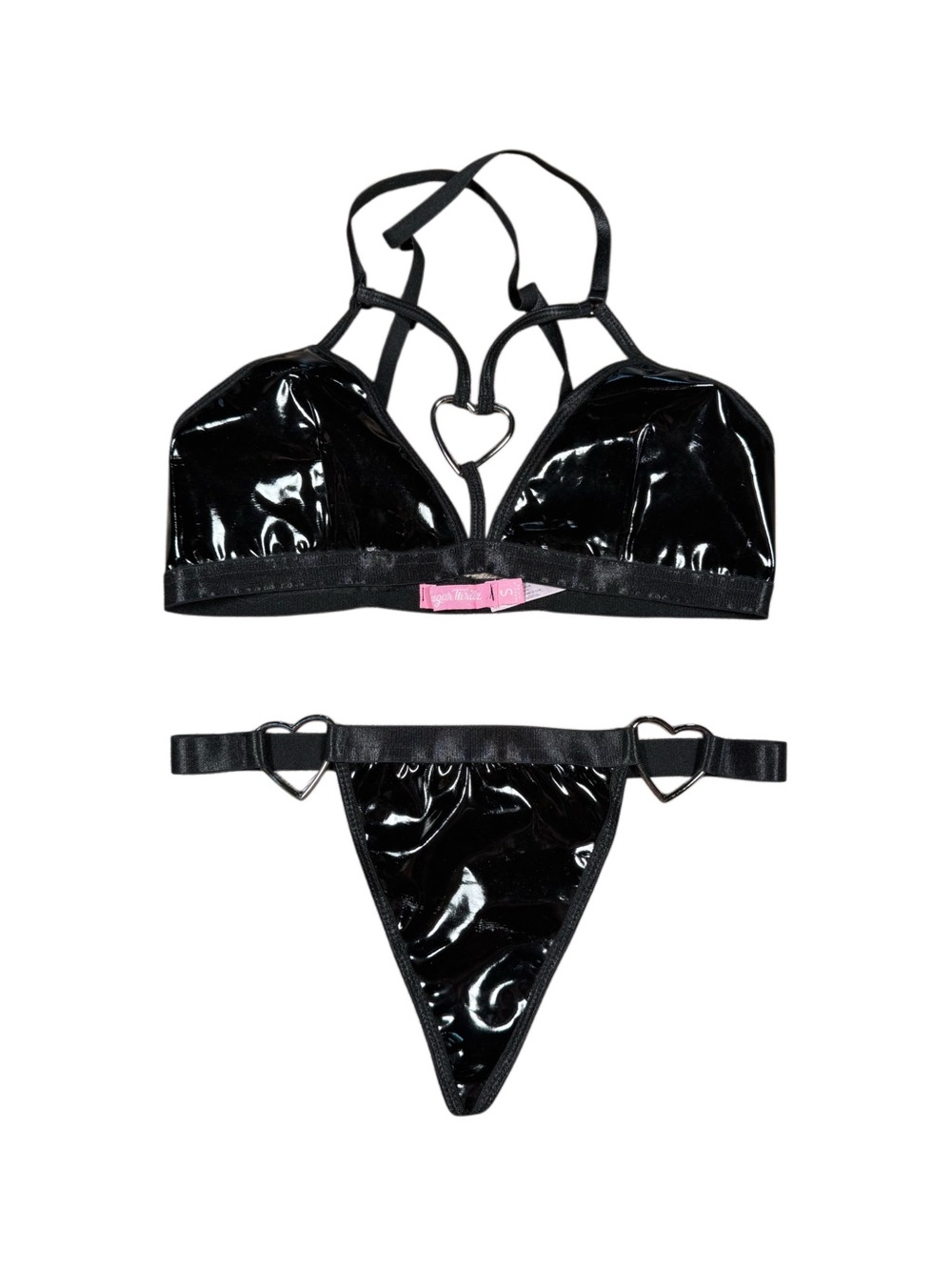 Black Heart-Accent Vinyl Bralette & Thong Set